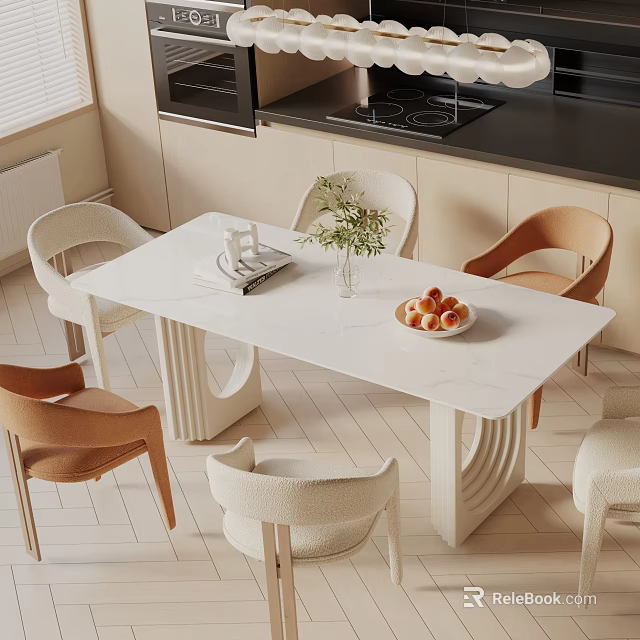 Modern Dining Table Set With White Marble Top Curved Beige Chairs Vase And Fruit Bowl 3d model 