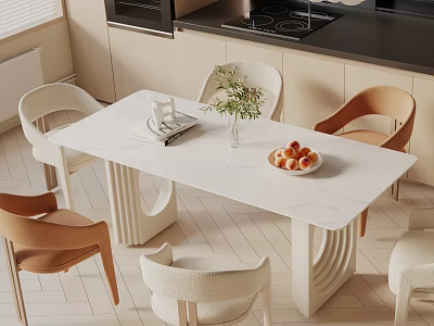 Modern Dining Table Set With White Marble Top Curved Beige Chairs Vase And Fruit Bowl 3d model