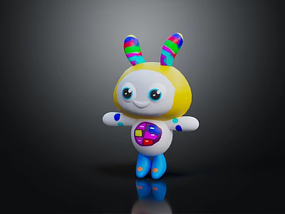 Cute Plush Doll With Colorful Striped Ears Yellow Head Colorful Chest Square And Blue Feet 3d model