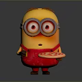 Cute Yellow Minion Character With Big Goggles Red Overalls And Pizza