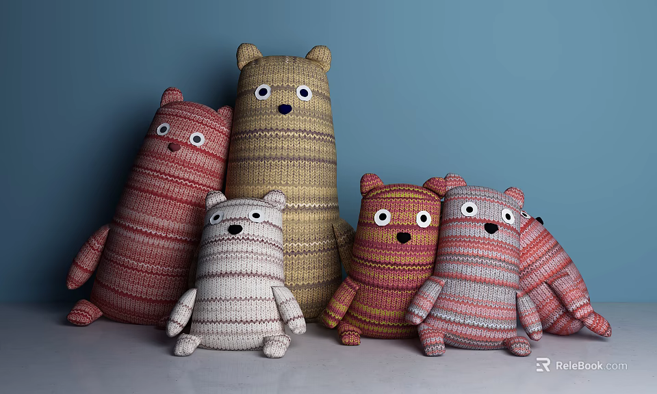 Cute Knitted Animal Shaped Dolls With Red Beige Brown Yellow Striped Patterns 3d model 