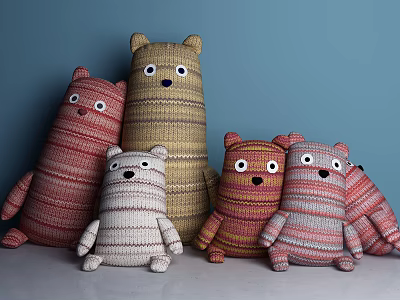 Cute Knitted Animal Shaped Dolls With Red Beige Brown Yellow Striped Patterns 3d model