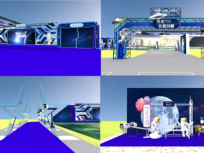 Modern Exhibition Display With Blue Structures Moon Theme And Astronaut Elements 3d model