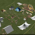 Garden Landscape Featuring Green Grass Tents Camper Vans String Lights Wooden Furniture And Camping Facilities
