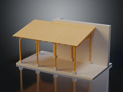 Detailed Architectural Model With Wooden Roof Yellow Columns And White Platform 3d model