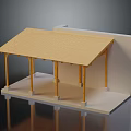 Detailed Architectural Model With Wooden Roof Yellow Columns And White Platform