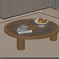 Round Wooden Coffee Table with Teapot Books and Fruit Bowl in Modern Living Room