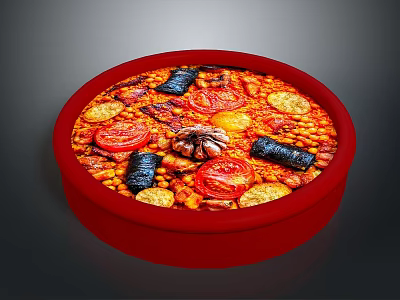 Traditional Mediterranean Dish in Round Red Plate with Tomatoes Black Olives Beans and Herb Garnish 3d model