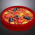 Traditional Mediterranean Dish in Round Red Plate with Tomatoes Black Olives Beans and Herb Garnish