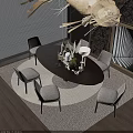 Modern Oval Wooden Dining Table Set With Gray Upholstered Chairs Decorative Items And Chandelier