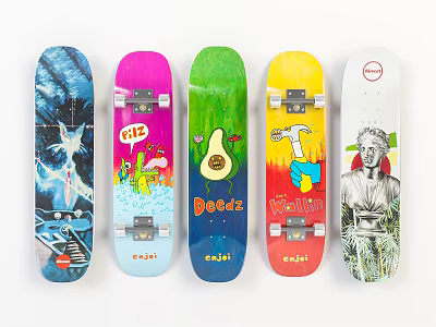 Vibrant Skateboards With Diverse Artistic Designs Cool Graphics And Unique Patterns 3d model
