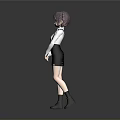 Anime Female Character with Purple Hair White Shirt Black Suspender Shorts Brown Boots Gray Background