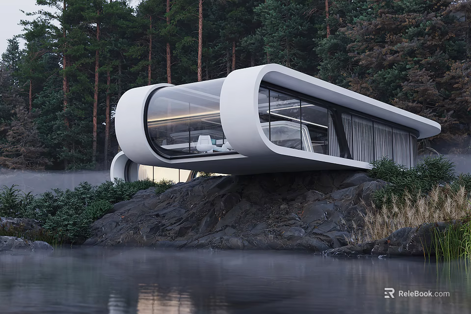 Modern Detached Villa With Unique Curved Glass Windows Rocky Forest Waterfront 3d model 