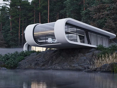 Modern Detached Villa With Unique Curved Glass Windows Rocky Forest Waterfront 3d model