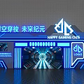 Happy Gaming Club Storefront with Future Tech Blue Neon Lights and Time Travel Design