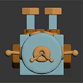 Cartoon Style Blue Orange Toy Train 3D Model With Chimneys And Front Hook 3d model