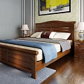 Traditional Wooden Double Bed with Carved Headboard Nightstands Table Lamps and Abstract Painting