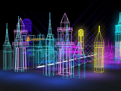 Colorful Neon Outline Buildings With Spires And Tower Structures In Night Scene 3d model