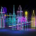 Colorful Neon Outline Buildings With Spires And Tower Structures In Night Scene
