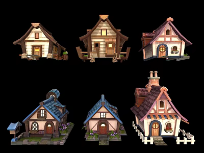 Traditional Ancient Houses Design Featuring Various Roofs Windows Decorative Chimneys And Fences 3d model