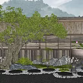 Traditional Japanese Garden With Large Tree Bamboo Fence Rocks And Clay Pot