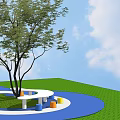 Colorful Cube Outdoor Chairs On Green Lawn Under Circular Tree Structure 3d model