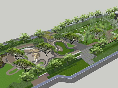 Scenic Residential Landscape With Lush Trees Winding Pathways Green Lawns And Recreational Spaces 3d model