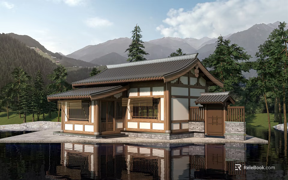 Chinese Style Rural Self Built House With Traditional Roof Water Reflection And Mountain View 3d model 