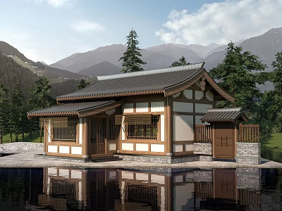 Chinese Style Rural Self Built House With Traditional Roof Water Reflection And Mountain View 3d model
