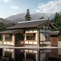 Chinese Style Rural Self Built House With Traditional Roof Water Reflection And Mountain View