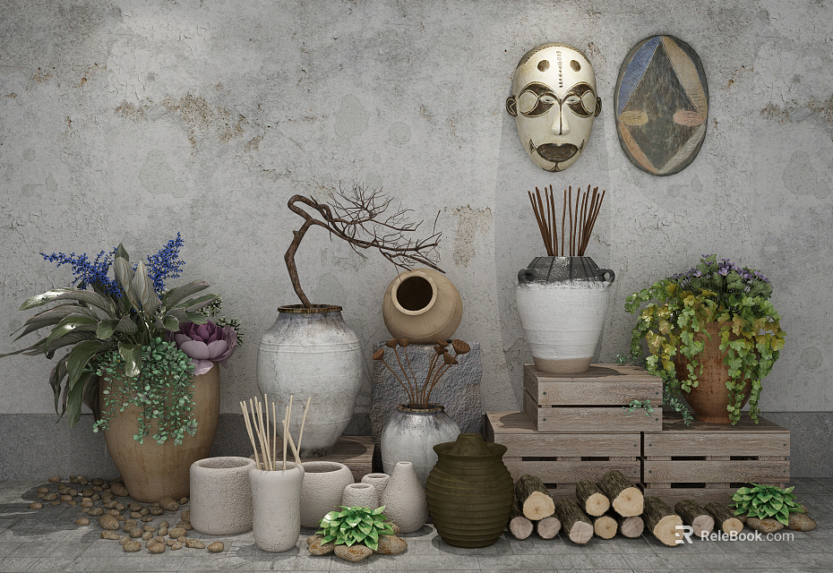 Ceramic Vessels Decorative Display With Grayed Wall Mask Plants Wooden Crates And Logs 3d model 