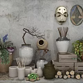 Ceramic Vessels Decorative Display With Grayed Wall Mask Plants Wooden Crates And Logs