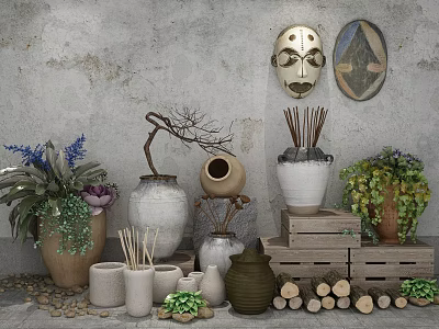 Ceramic Vessels Decorative Display With Grayed Wall Mask Plants Wooden Crates And Logs 3d model