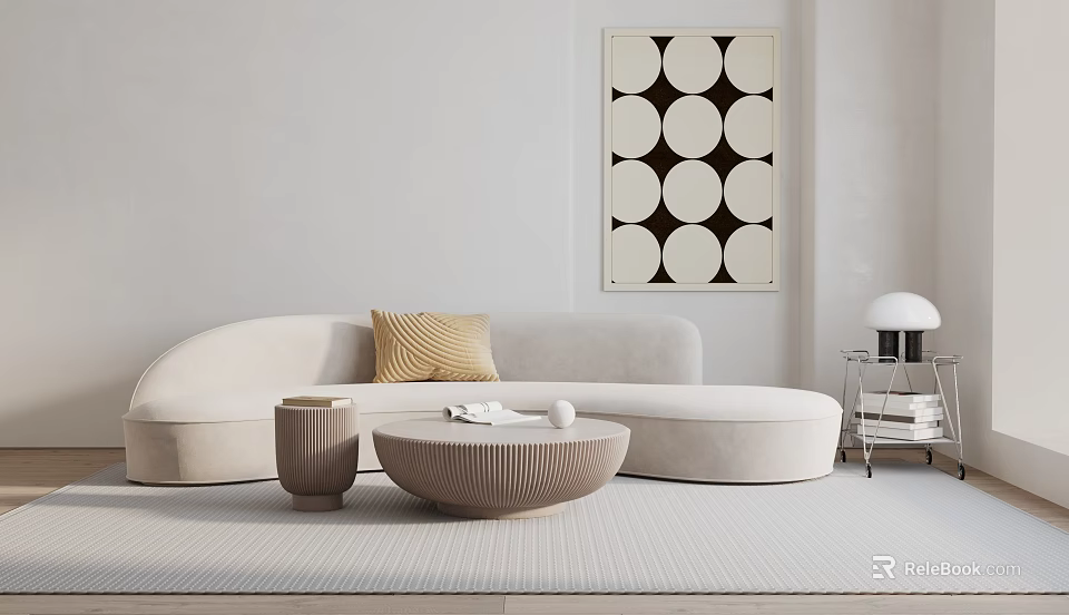 Beige Multi Person Sofa With Yellow Cushion Round Coffee Table And Modern Wall Art 3d model 