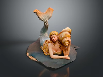 Elegant Mermaid Sculpture With Flowing Golden Hair Holding Large Seashell And Orange Blue Tail 3d model