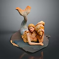 Elegant Mermaid Sculpture With Flowing Golden Hair Holding Large Seashell And Orange Blue Tail