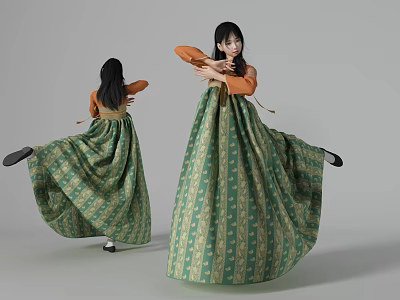 Woman Wearing Traditional Green Beige Patterned Dress With Orange Sleeves Dancing With Flowing Skirt 3d model