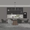 Modern Elegant Dining Room Interior With Round Wooden Table Gray Chairs Pendant Light And Shelves