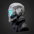 3D Rendered Sci Fi Helmet With Glowing Blue Eyes And Dark Scarf Design
