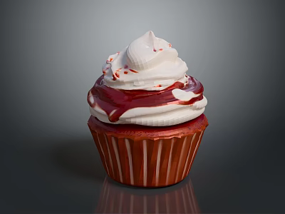 Delicious Red Cupcake With White Frosting Red Sauce Drizzle And Sprinkles 3d model