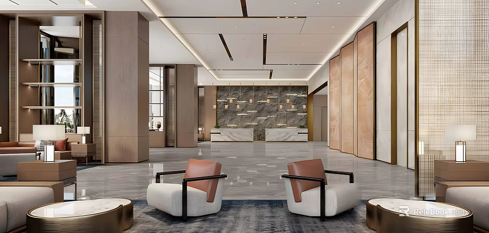 Modern Luxury Hotel Lobby Interior With Marble Floor And Wooden Decorative Walls 3d model 