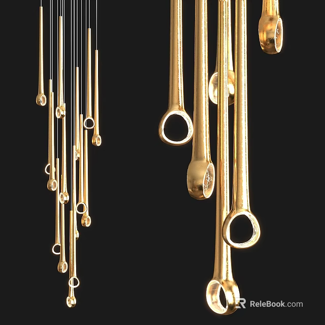 Golden Modern Chandelier With Slender Metallic Rods And Elegant Design 3d model 