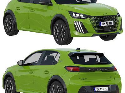 Green Peugeot Hatchback With Modern Design Black Alloy Wheels LED Headlights And UK License Plate 3d model