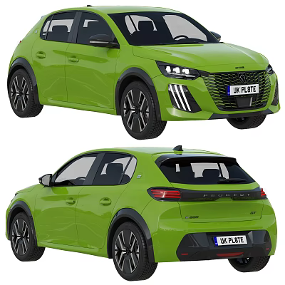 Green Peugeot Hatchback With Modern Design Black Alloy Wheels LED Headlights And UK License Plate 3d model