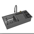 Black Double Bowl Kitchen Sink With Drainer Stainless Steel Faucet And Gold Soap Dispenser