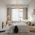 Modern Bedroom Interior Design With White Bedding Large Window Artwork Soft Rug And Christmas Tree