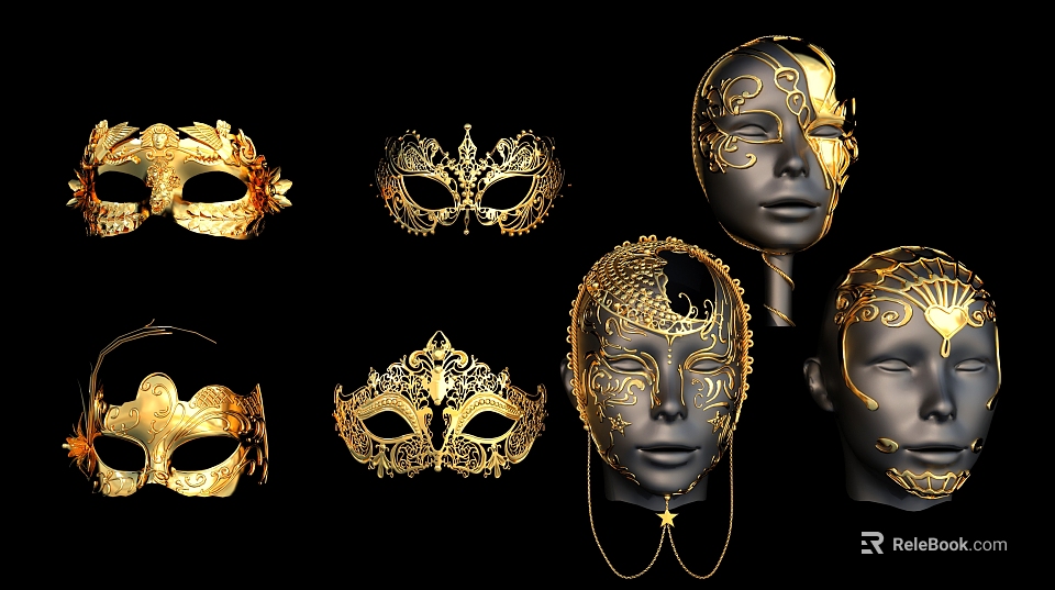 Ornate Gold And Black Decorative Masks With Intricate Patterns For Jewelry Collection 3d model 