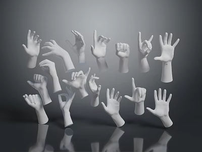 Multiple White Hand Gesture Models Displaying Various Poses Against Gray Background With Reflections 3d model