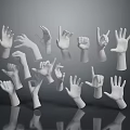 Multiple White Hand Gesture Models Displaying Various Poses Against Gray Background With Reflections 3d model