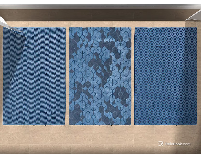 Three Blue Square Rugs With Different Geometric Patterns And Textured Designs 3d model
